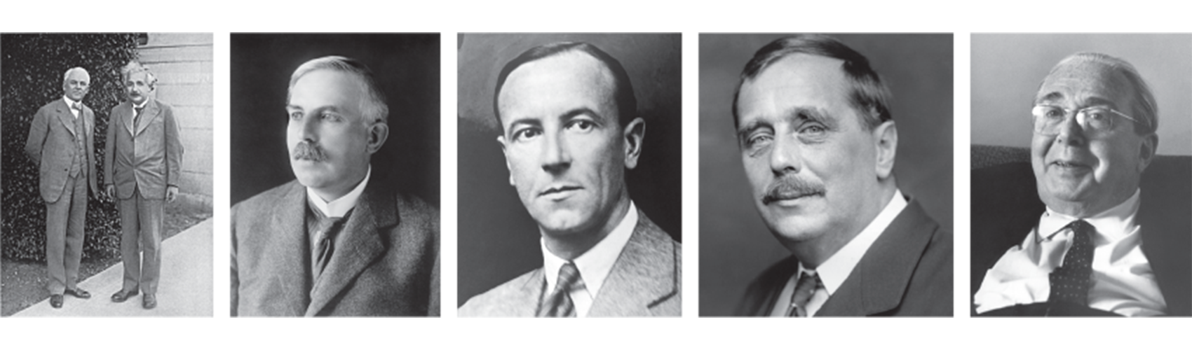 Portraits of (from left to righ): Robert Millikan and Albert Einstein, Ernest Rutherford, James Chadwick, H.G. Wells, and Leo Szilard.
